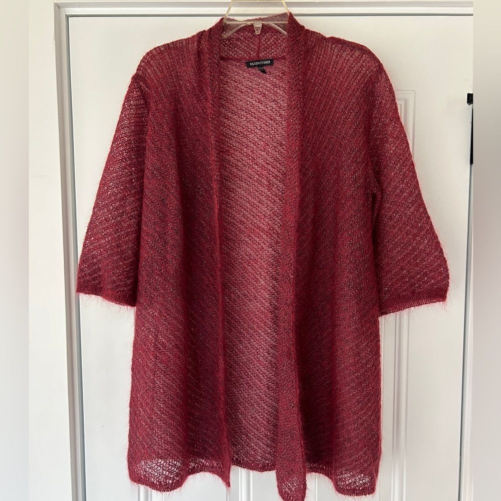 Eileen Fisher women’s open front, lightweight, mohair/wool burgundy cardigan SM